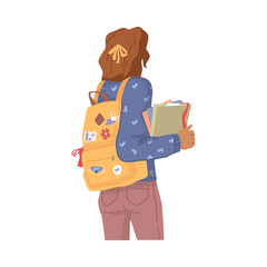College or university student girl with backpacks and books on her way to school. Vector rear view of flat cartoon young woman character with rucksack, female in casual cloth