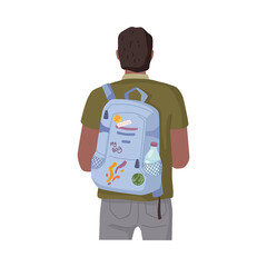College or university student with backpack his way to school isolated flat cartoon character rear view. Vector young man with rucksack, male in casual cloth