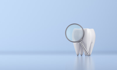 Tooth and magnifying glass on a blue shiny background. 3d rendering.