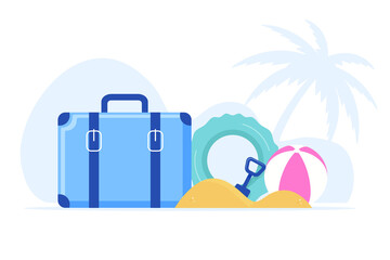 Travel concept design. A suitcase with beach ball, float ring, beach sand and spade. Bee free and travel. Vector flat design illustration. 