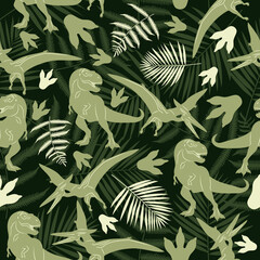 Pattern palm leaves dinosaurs pterodactyl and tyrannosaurus rex and footprints of dinosaurs © Антон Шевченко