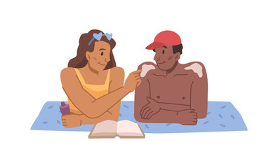 Couple on beach, woman applying sunscreen on man shoulder. Protection of skin from sunshine, using sunblock or lotion with SPF. Flat cartoon character, vector illustration