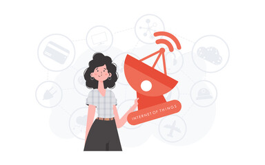 A woman holds a satellite dish in her hands. IOT and automation concept. Good for presentations, websites and typography. Trendy flat style. Vector illustration.