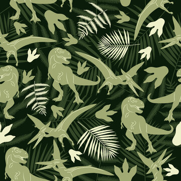 Pattern palm leaves dinosaurs pterodactyl and tyrannosaurus rex and footprints of dinosaurs
