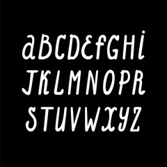 Hand drawn font, letters on a black background. Vector cartoon cheerful round style. For posters and for inscriptions. Children's style.