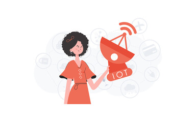 A woman holds a satellite dish in her hands. Internet of things concept. Good for presentations, websites and typography. Vector illustration in trendy flat style.