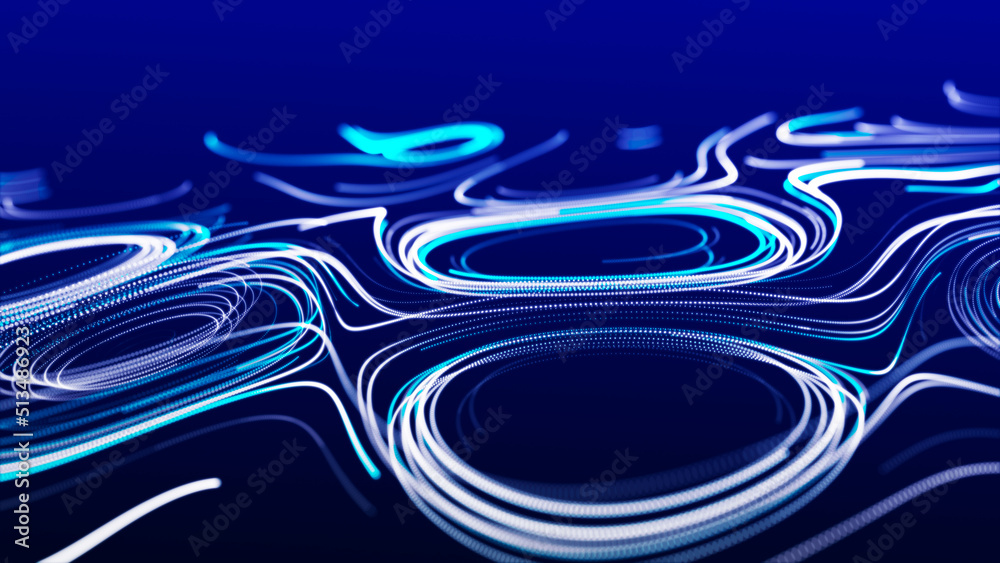 Poster flow of particles. big data visualization. digital technology wave. futuristic cyberspace. abstract 