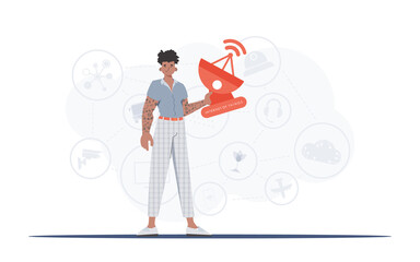 A man holds a satellite dish in his hands. Internet of things concept. Good for presentations, websites and typography. Trendy flat style. Vector illustration.