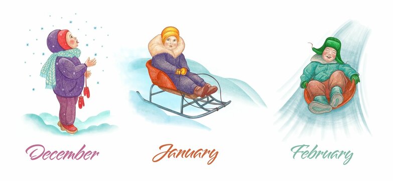 Children. Winter. The child catches snowflakes with his tongue. A girl is sledding. A boy rides on an ice slide from a slide. A set of watercolor illustrations clip art for postcards.