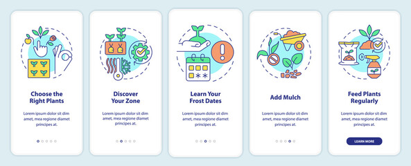 Tips for gardening onboarding mobile app screen. Plants growth walkthrough 5 steps editable graphic instructions with linear concepts. UI, UX, GUI template. Myriad Pro-Bold, Regular fonts used