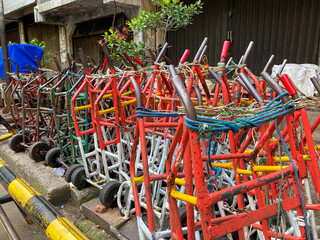 Trolley parked at the roadside in front of the shop