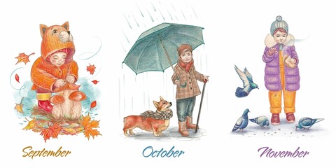 Fototapeta premium Children. Autumn. The child collects mushrooms. A boy walks under an umbrella with a dog. A girl feeds pigeons. A set of clip art with watercolor illustrations for postcards.