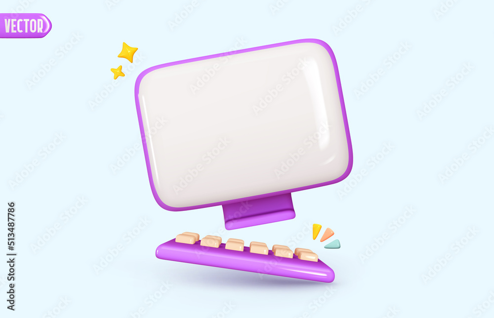 Poster mock up desktop computer with keyboard. white screen device mockup clean blank monitor. creative con