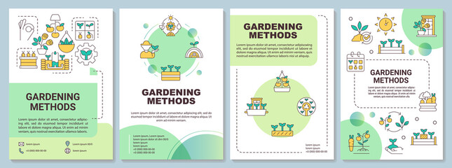 Methods of gardening green brochure template. Planting. Leaflet design with linear icons. Editable 4 vector layouts for presentation, annual reports. Arial-Bold, Myriad Pro-Regular fonts used