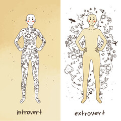 Introvert and extrovert. Psychotypes of people. Vector illustrations in good quality.