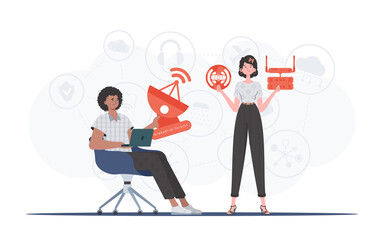 Internet of things and automation concept. The girl and the guy are a team in the field of Internet of things. Good for websites and presentations. Vector illustration in trendy flat style.