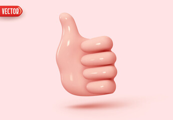 Hand like pink color. Icon human hand in cartoon style thumb up, good sign. Realistic 3d design. vector illustration