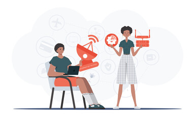 Internet of things and automation concept. The girl and the guy are a team in the field of Internet of things. Good for presentations and websites. Vector illustration in trendy flat style.