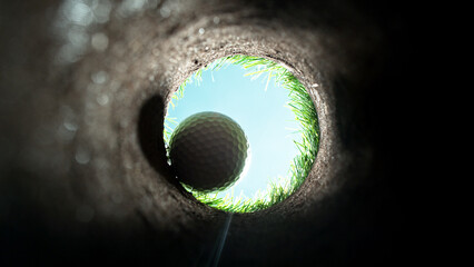 Detail of golf ball, view from inside the hole.