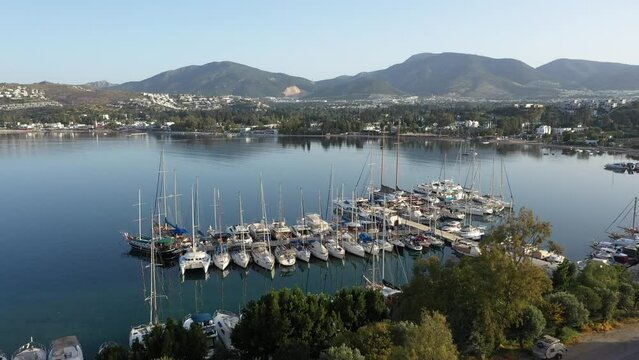 Aerial view of yacht jetty in Bodrum Turkey.