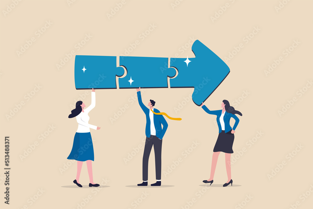 Wall mural teamwork connecting jigsaw puzzle metaphor of solving problem together, business direction or collab