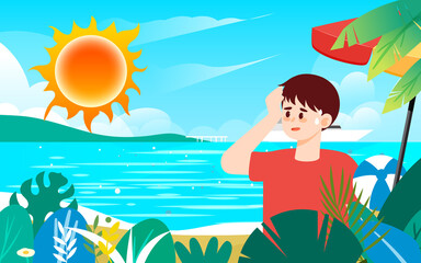 Too hot in summer character heat stroke, high temperature warning, hot summer day, vector illustration