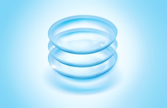 Set of Realistic eye contact lenses 3d Illustration advertising banner template. 3d eye lenses. Close up clear lenses on blue background.Vision product ad.Silicone hydrogel.Side view.Optic eyewear.