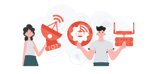 IoT concept. The girl and the guy are a team in the field of Internet of things. Good for presentations and websites. Vector illustration.