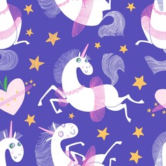 Unicorn Seamless Pattern. Cute children illustration with white unicorns, flying and playing among stars in the night sky with pink skirt and horn. Raster background for wrapping paper and textile