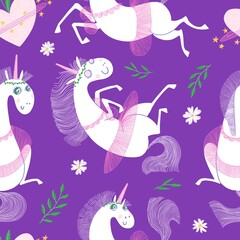 Unicorn Seamless Pattern. Cute children illustration with white unicorns flying and playing with pink skirts, flowers, green leaves and crowns. For baby fashion textile, wallpaper, gift wrapping paper