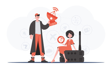 IoT concept. The girl and the guy are a team in the field of Internet of things. Good for presentations and websites. Vector illustration in flat style.