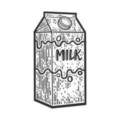 Milk box container sketch engraving raster illustration. T-shirt apparel print design. Scratch board imitation. Black and white hand drawn image.