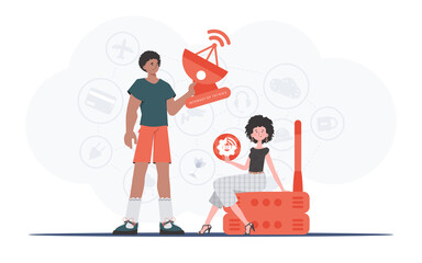 IoT concept. The girl and the guy are a team in the field of IoT. Good for presentations and websites. Trendy flat style. Vector.