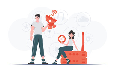 IoT concept. The girl and the guy are a team in the field of IoT. Good for presentations and websites. Vector illustration.