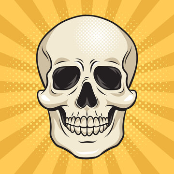 human skull pop art retro raster illustration. Comic book style imitation.