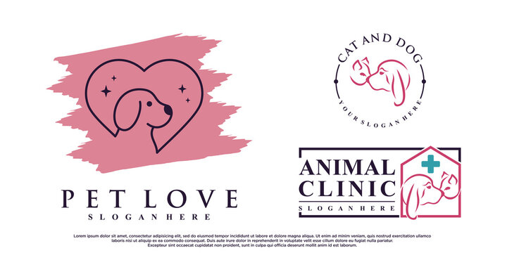 Set of dog and cat animals logo design with linear style and heart element Premium Vector