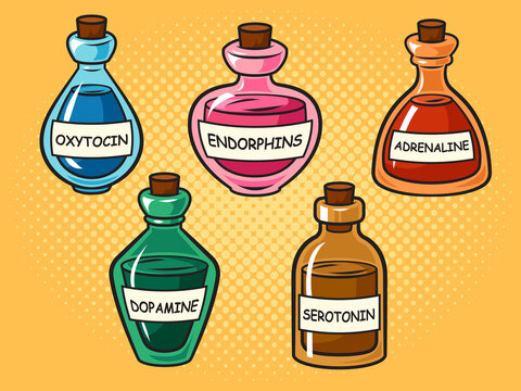 Hormone bottles with dopamine serotonin oxytocin adrenaline and endorphins pop art retro raster illustration. Comic book style imitation.