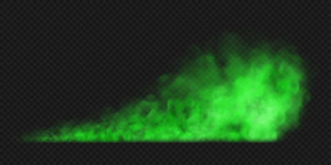 Green smoke or mist isolated on transparent background. Realistic green bad smell. Magic mist cloud. Chemical toxic gas. Realistic vector illustration