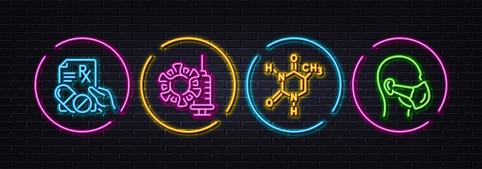 Prescription drugs, Chemical formula and Coronavirus vaccine minimal line icons. Neon laser 3d lights. Medical mask icons. For web, application, printing. Pills, Chemistry, Covid protection. Vector