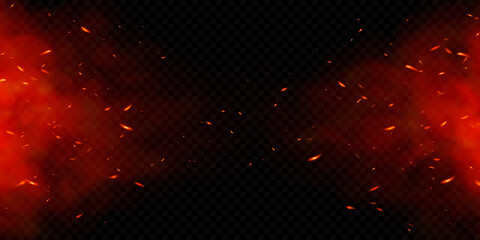 Vector fire sparks. Burning glowing particles. Flame of fire with sparks isolated on a black transparent background. © Vector_Artist