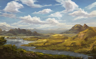 Fototapeta na wymiar Fantastic Epic Magical Landscape of Mountains. Summer nature. Mystic Valley, tundra, forest. Gaming assets. Celtic Medieval RPG background. Rocks and grass. Beautiful sky and clouds. Lakes and rivers 
