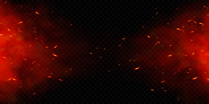 Vector fire sparks. Burning glowing particles. Flame of fire with sparks isolated on a black transparent background.