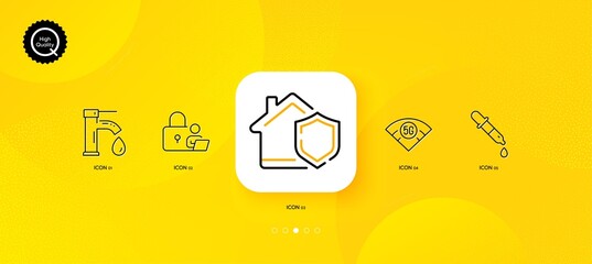 Fototapeta na wymiar Home insurance, Lock and Chemistry pipette minimal line icons. Yellow abstract background. Tap water, 5g wifi icons. For web, application, printing. House secure, Online security, Laboratory. Vector