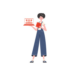 A woman holds a laptop and a processor chip in her hands. IOT and automation concept. Isolated. Vector illustration in flat style.