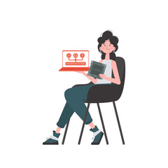 A woman holds a laptop and a processor chip in her hands. IoT concept. Isolated. Vector illustration in trendy flat style.