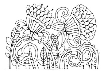 Coloring page with large flower and buds. Vector black and white background for coloring. Art therapy. Art line.