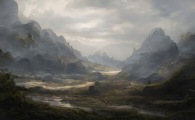 Fantastic Epic Magical Landscape of Mountains. Summer nature. Mystic Valley, tundra, forest. Gaming assets. Celtic Medieval RPG background. Rocks and grass. Beautiful sky and clouds. Lakes and rivers	