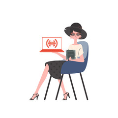 Fototapeta premium A woman holds a laptop and a processor chip in her hands. IoT concept. Isolated. Vector.