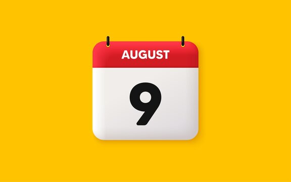 Calendar date 3d icon. 9th day of the month icon. Event schedule date. Meeting appointment time. Agenda plan, August month schedule 3d calendar and Time planner. 9th day day reminder. Vector