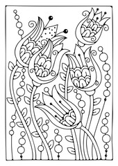 Floral background for coloring, coloring page for children and adults. Vector background with flowers for drawing.